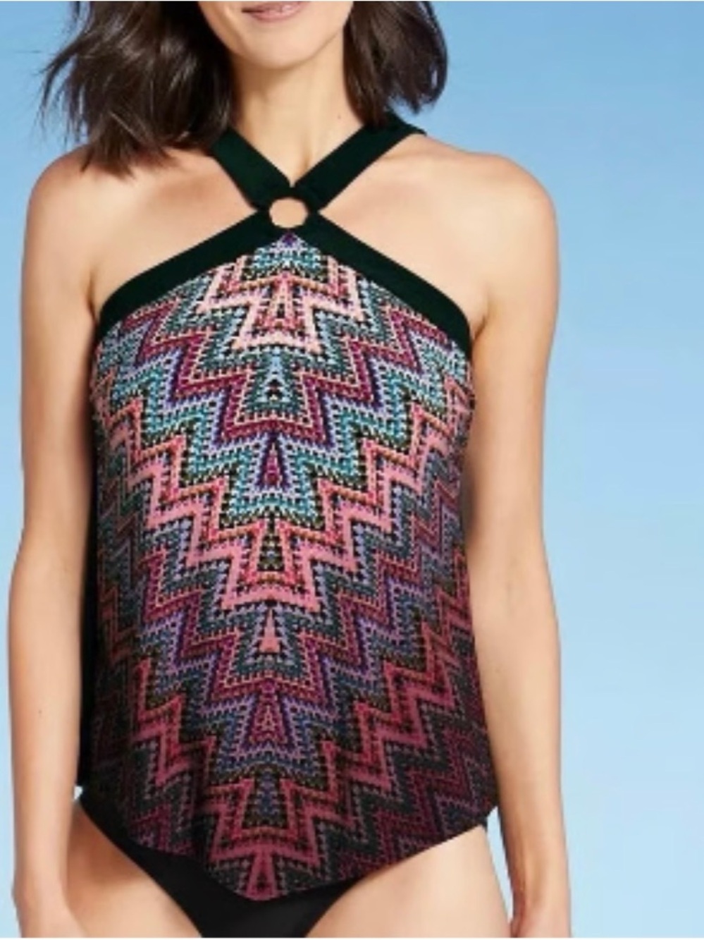 Aqua Green Tankini Top‎ NWT size Small 4/6 High Neck Flowy Kaleidoscope Black